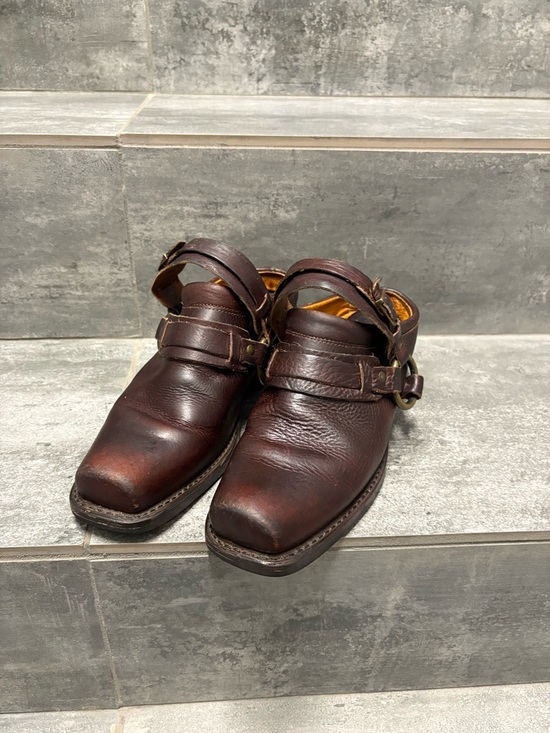 Frye Shoes - Vtg FRYE Brown Leather Harness Belt Mules Western Cowboy Slides Ankle Boots 8.5